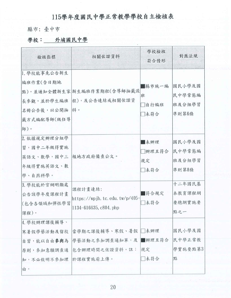 國民中學正常教學學校自主檢核表P1